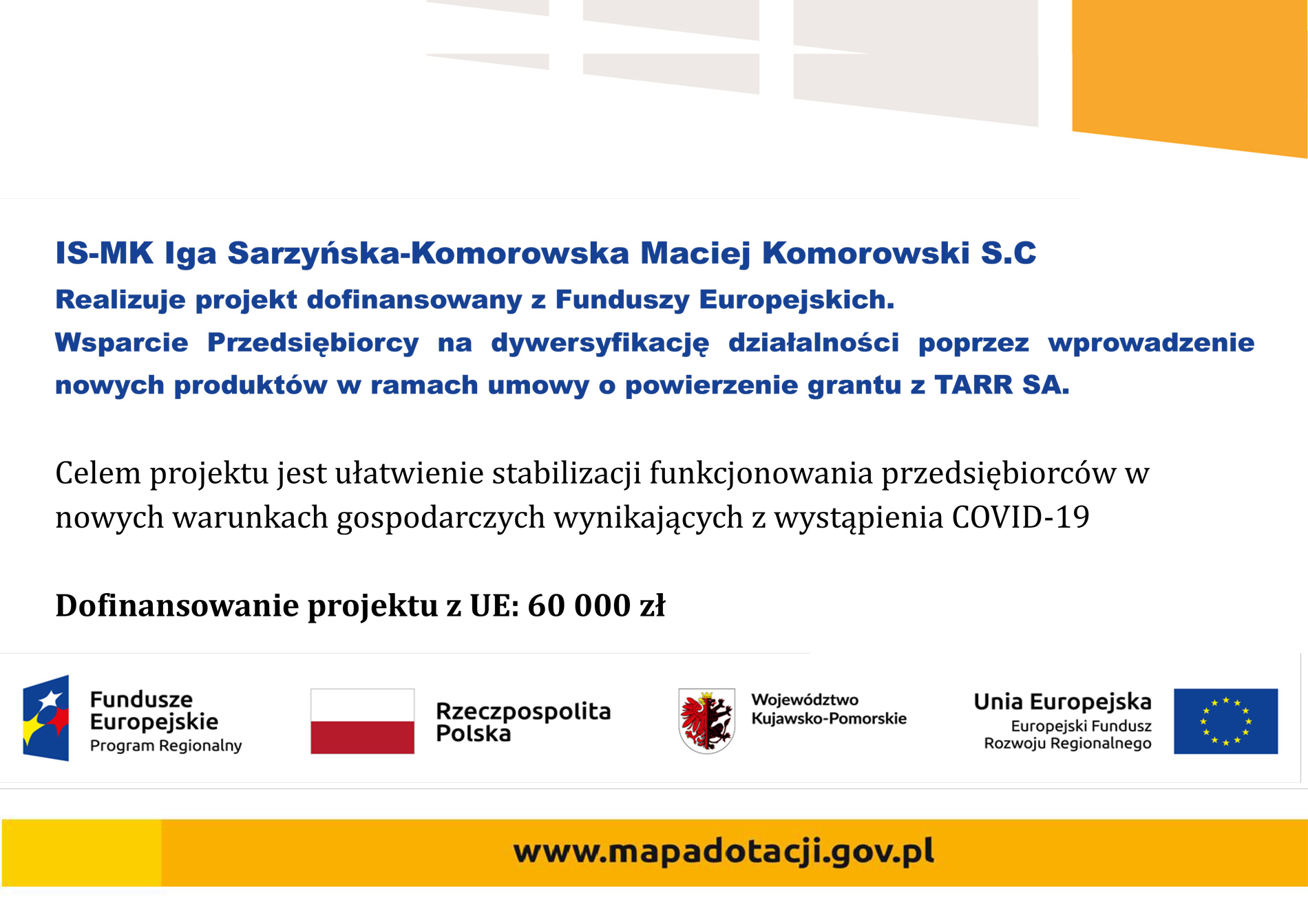 Informacja o dofinansowaniu działalności z funduszy europejskich